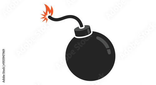 A cartoon illustration of a black bomb with a lit fuse isolated on white