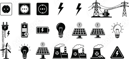 Black and white energy and electricity icons set with power plant, solar panel, battery, plug and lightning symbols vector illustration