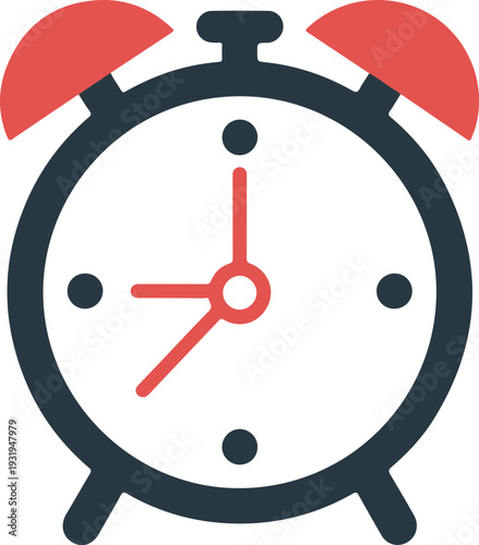 Analog alarm clocks in black and red with bells on top isolated on a minimalist white background for time