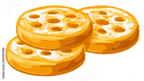Digitally rendered image features three golden, disc-shaped, porous elements stacked on a white background
