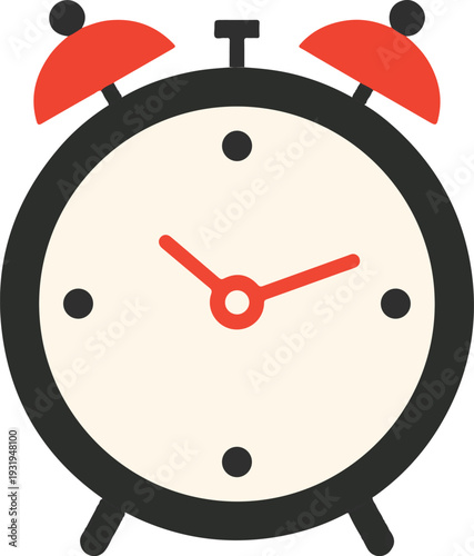 Simple vector illustration of a red alarm clock showing time on a round dial isolated on white background