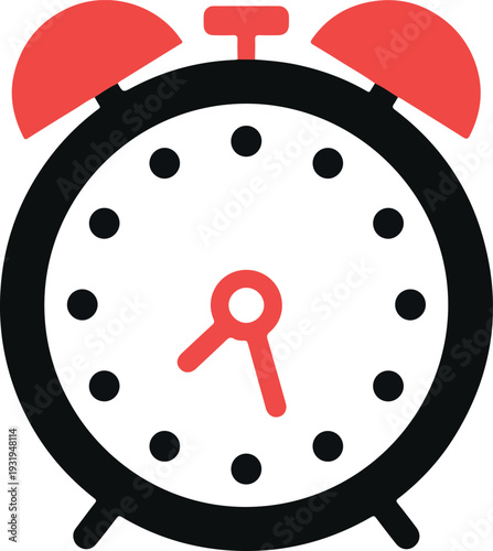 A simple retro red alarm clock vector illustration with classic bells and a clear round dial showing time