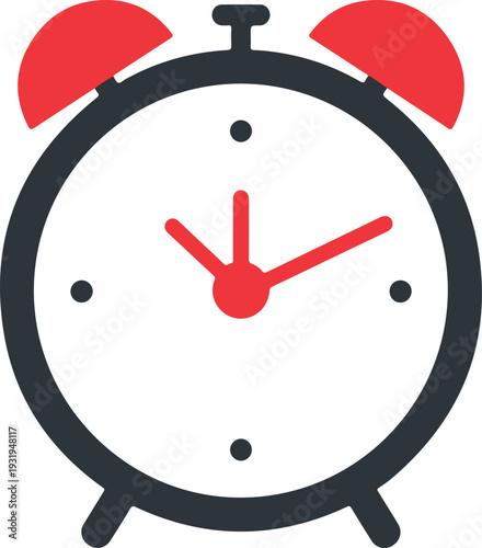 A simple vector illustration of a red alarm clock isolated on a white background showing accurate time on a round dial