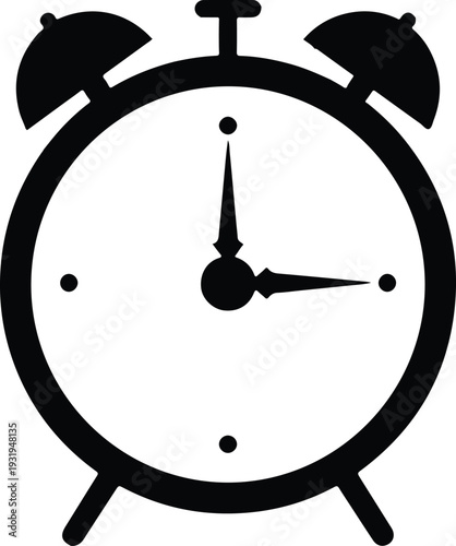 A simple vector illustration of a retro alarm clock showing time on a round dial with clear hour and minute hands