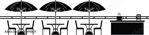 Black and white vector illustration of outdoor cafe terrace with umbrellas, tables, chairs and coffee counter silhouette design modern restaurant