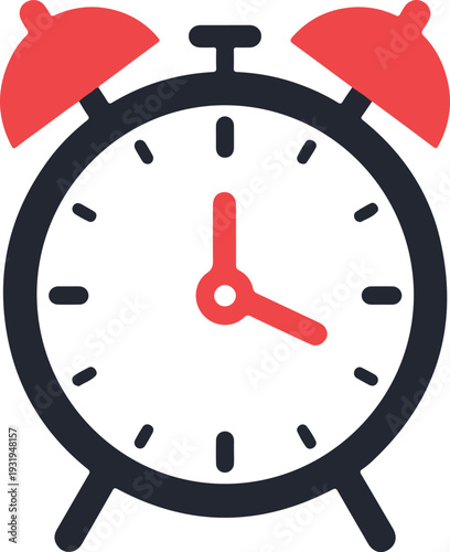 A simple vector illustration of a red alarm clock showing the time on a round dial for office and daily use