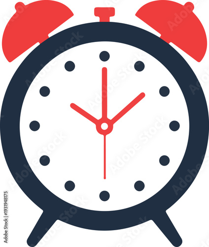 Red retro alarm clock showing time with clear numbers and hands, isolated for simple illustration