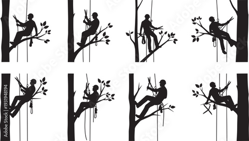 Eight arborist silhouettes climbing trees with ropes and harnesses, cutting branches using tools, professional tree maintenance figures, isolated black outlines for forestry and safety design