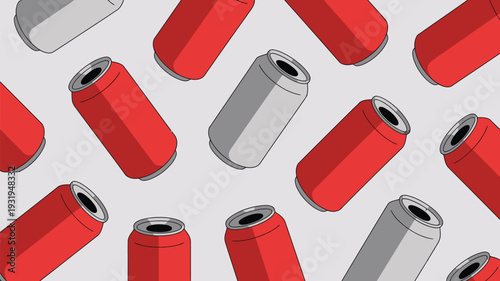 Collection of red and gray soda cans on white background