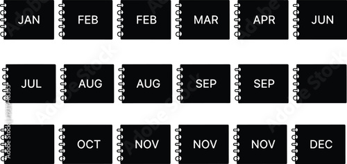 Monthly calendar notebook icons set with spiral binding black silhouette design isolated on white background planner schedule organization concept vector illustration collection