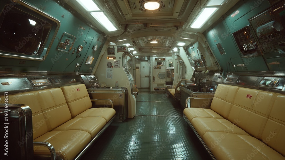 Fototapeta premium Retro Futuristic Interior Design with Shiny Chrome and Pastel Yellow Accents