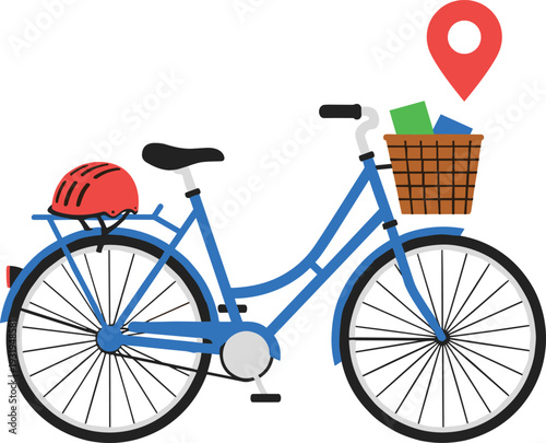 Blue city bicycle illustration with front basket red helmet and location pin for urban delivery bike sharing and sustainable transport.