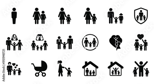 Comprehensive vector graphic illustration set of diverse family icons showcasing various relationships and life stages.