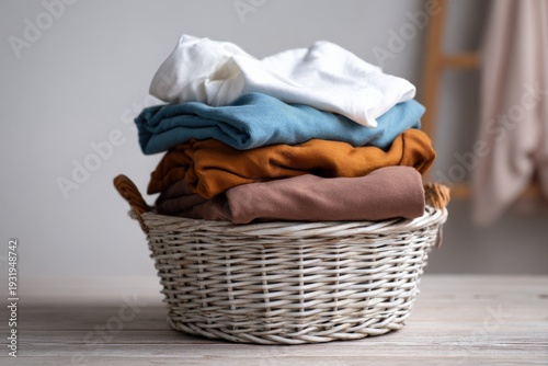White wicker laundry basket with neatly folded blue brown and white shirts stacked indoors on wooden surface tidy household laundry arrangement