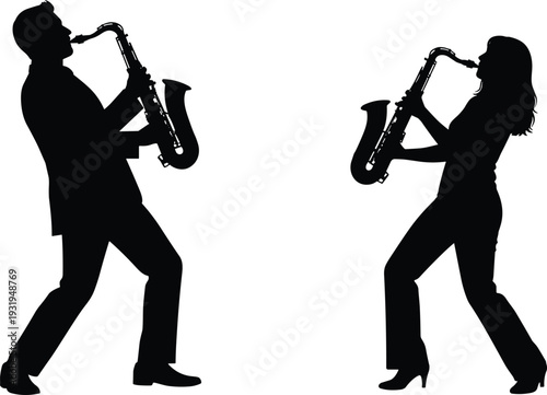 Silhouettes of two musicians playing saxophones facing each other, jazz performance, music art, dynamic poses, entertainment, vector illustration design