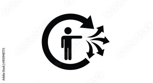 Vector graphic illustration of a person standing within a circular flow directing multiple spreading arrows representing choices or distribution