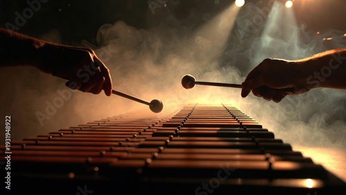 Musicians' hands playing xylophone with mallets in smoky concert hall with dramatic stage lighting close up perspective