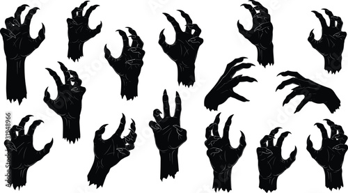 Collection of Creepy Black Zombie Hands Silhouettes with Sharp Claws Isolated on White Background, Horror Halloween Vector Illustration Set Spooky Gothic Art