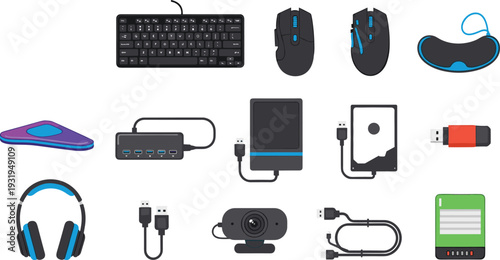 Computer Accessories and Peripheral Devices Icons Set, Keyboard Mouse Headphones Webcam USB Drive Vector Illustration Collection