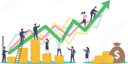 Vector illustration of business teamwork climbing arrow with coins and money bag, financial growth concept showing investment success and wealth accumulation