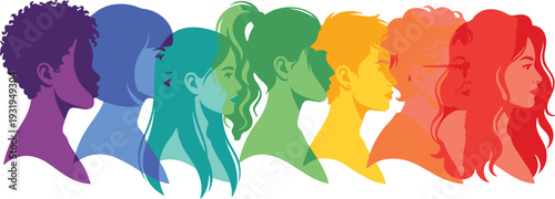 Diverse group of women in colorful profile silhouettes together show women's day