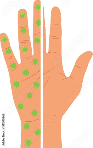 Vector illustration showing contaminated hand with germs compared to clean disinfected hand, hygiene concept emphasizing importance of proper hand washing