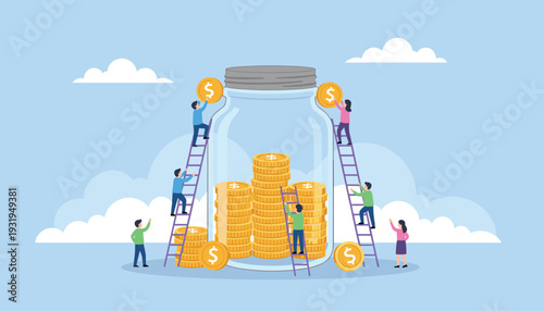 Vector illustration of teamwork saving money in jar with coins, financial growth concept showing investment, wealth accumulation and collective effort