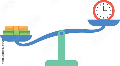 Balance scale vector illustration showing money versus time, metaphor concept highlighting value of time management over financial wealth importance