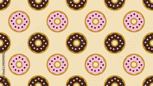 Colorful donuts with pink and chocolate frosting in a tasty pattern