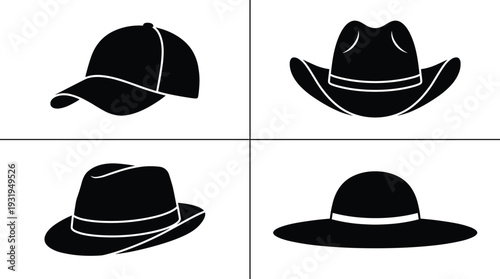Set of hat silhouettes including baseball cap, cowboy hat, fedora and wide brim hat, black flat vector icons isolated on white background