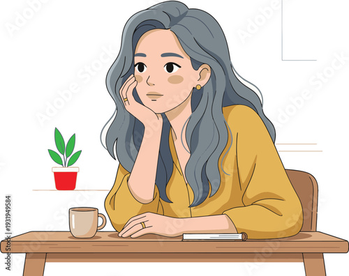 Relaxed woman enjoying coffee and daydreaming at wooden desk