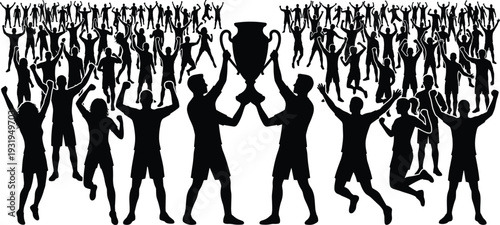Silhouette of cheering crowd celebrating victory with trophy, sports team championship concept, excited fans jumping and raising hands, black and white vector illustration