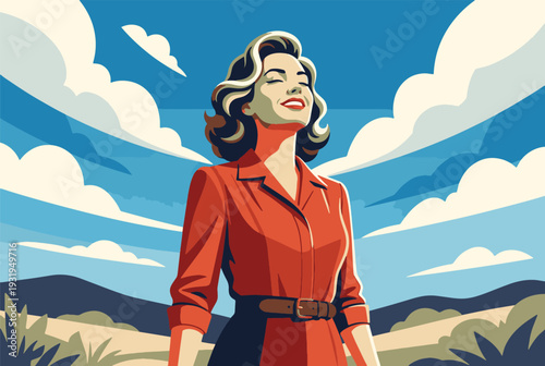 Woman in red dress enjoying sunny day with closed eyes outdoors enjoy women's day