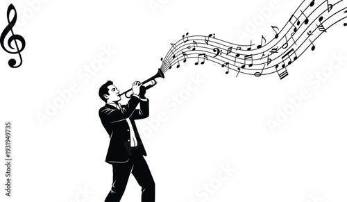 Black and white vector illustration of man in suit playing trumpet with musical notes, treble clef, dynamic flowing staff lines