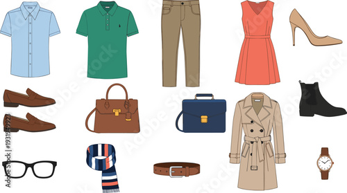 Fashion Clothing and Accessories Icons Set, Shirt Dress Shoes Handbag Coat Watch Belt Vector Illustration Collection for Retail