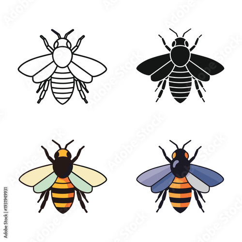 Illustrations of four different types of bees and wasps with distinct body patterns.