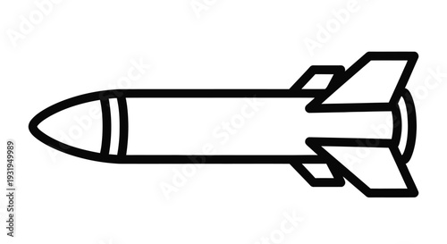 Simple black and white illustration of a rocket with fins viewed from the side