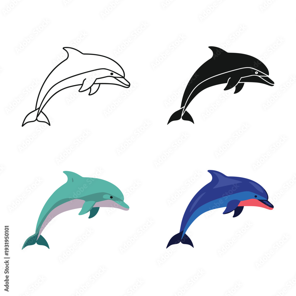 Fototapeta premium Four artistic depictions of dolphins in varying styles and colors