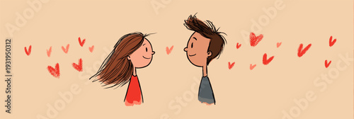 Smiling cartoon boy and girl with red hearts floating above them, depicting true love. Happy cartoon couple showing love and affection