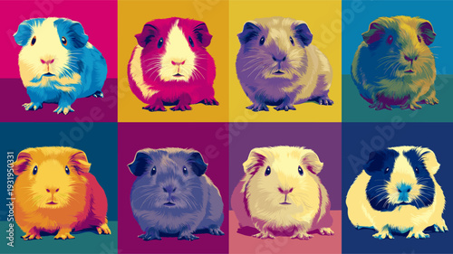 Nine cute guinea pigs in a colorful pop art distinct grid pattern. Pop art guinea pig distinct pet portraits grid