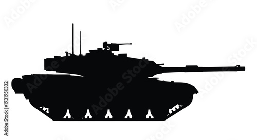Silhouette of a modern main battle tank against a stark white background