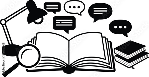 Open book with magnifying glass, lamp and study communication academic research theme - black vector illustration 