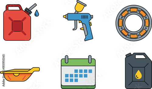Industrial maintenance icons set with fuel canister paint spray gun ball bearing oil jug and calendar isolated on white background.