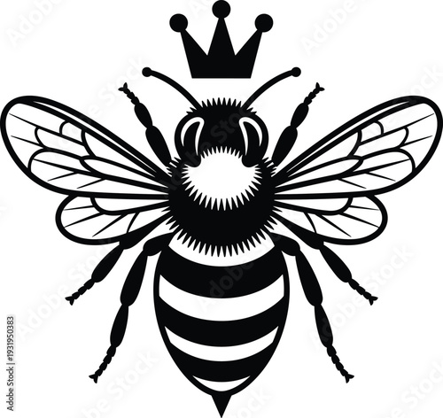 Queen bee vector illustration, bold symbolic design with crown, detailed wings, striped abdomen, leadership motifs, nature elements, and lifestyle artwork
