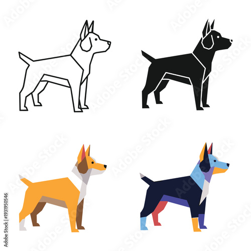 Four stylized illustrations of boxer dogs in different artistic styles and colors