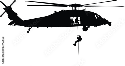 Military helicopter silhouette with soldier rappelling down rope for tactical mission rescue operation isolated on white background for air force concept.