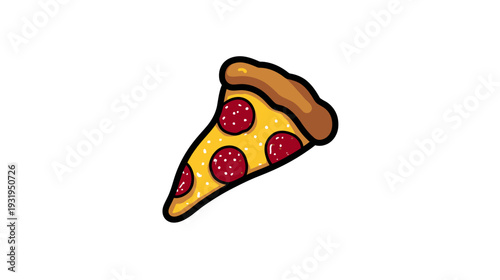 A cartoon slice of pizza with pepperoni on a yellow base, brown crust, and black outlines