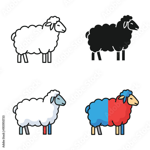 Four stylized sheep with different wool colors and patterns displayed side by side