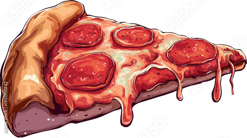 A cartoon slice of pizza featuring pepperoni, dripping cheese, and a beautifully rendered crust