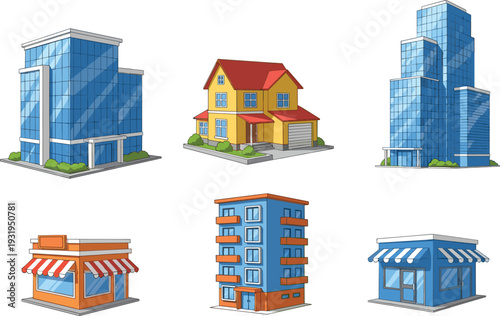 Modern building icons set with blue glass office skyscrapers residential house apartment block small retail store and boutique shop isolated.